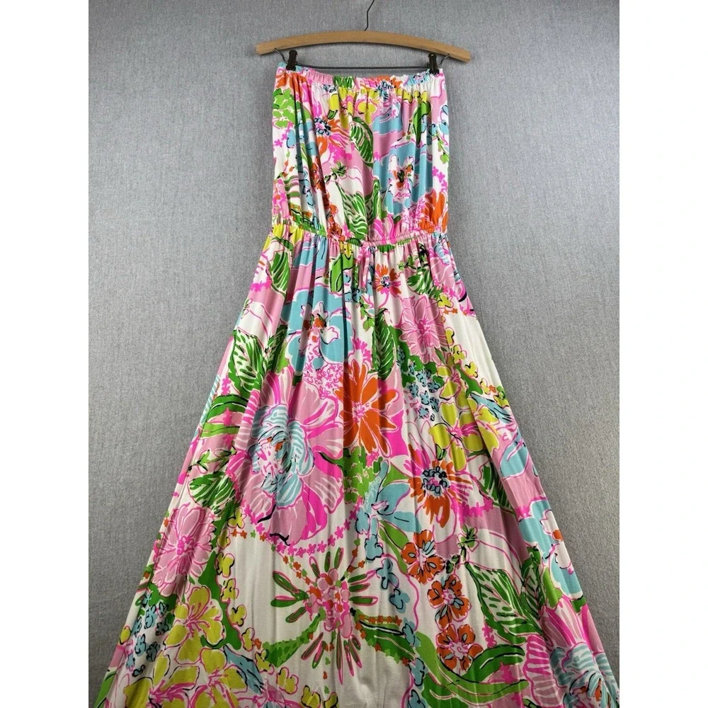 Lilly Pulitzer Target Strapless Maxi Dress Large Pink Floral Tropical Boho - Picture 2 of 16